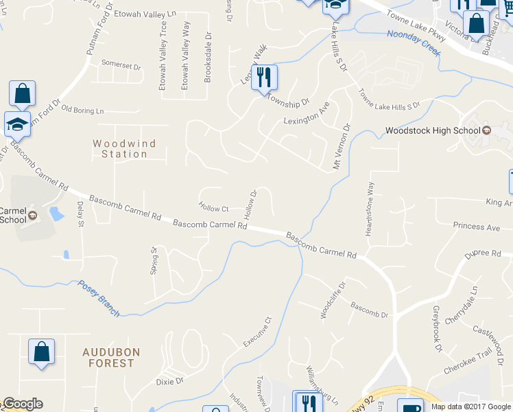 map of restaurants, bars, coffee shops, grocery stores, and more near 6006 Hollow Drive in Woodstock