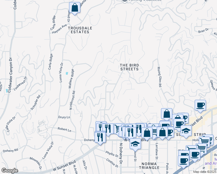 map of restaurants, bars, coffee shops, grocery stores, and more near 1416 Bluebird Avenue in Los Angeles