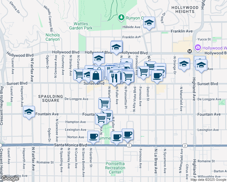 map of restaurants, bars, coffee shops, grocery stores, and more near 1411 North Fuller Avenue in Los Angeles