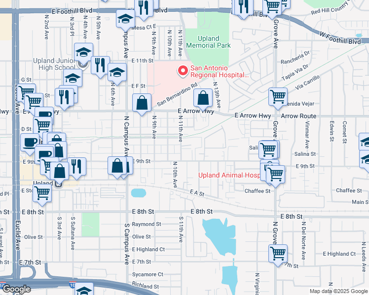 map of restaurants, bars, coffee shops, grocery stores, and more near 278 North 11th Avenue in Upland