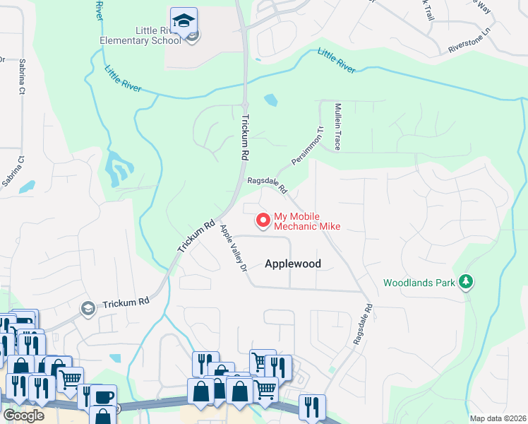 map of restaurants, bars, coffee shops, grocery stores, and more near 209 Apple Branch Drive in Woodstock