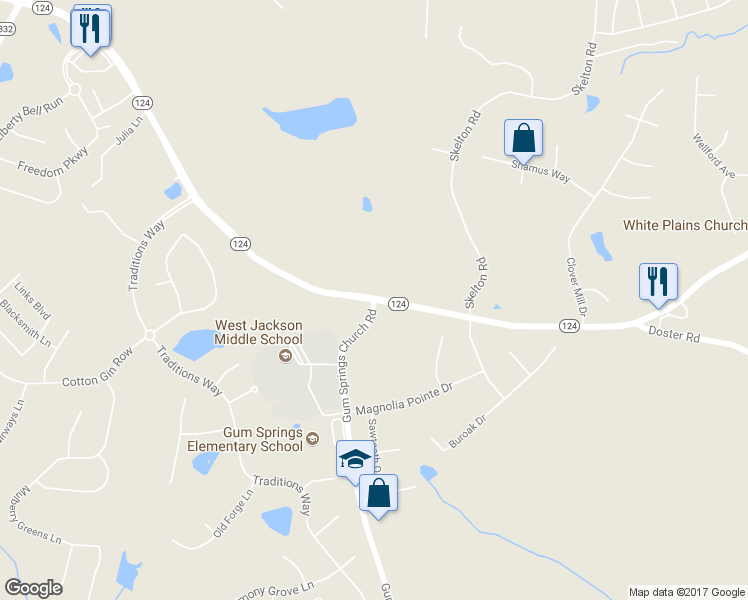 map of restaurants, bars, coffee shops, grocery stores, and more near 2 Gum Springs Church Road in Jefferson