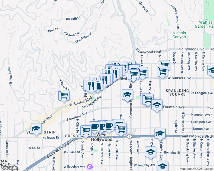 map of restaurants, bars, coffee shops, grocery stores, and more near 8272 Sunset Boulevard in West Hollywood