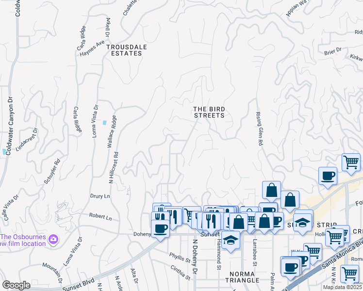 map of restaurants, bars, coffee shops, grocery stores, and more near 1426 Mockingbird Place in Los Angeles
