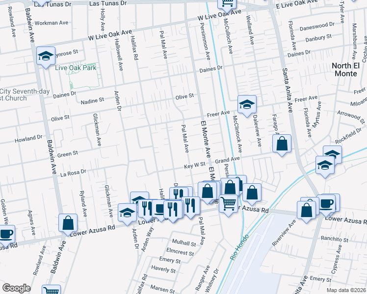 map of restaurants, bars, coffee shops, grocery stores, and more near 5018 Pal Mal Avenue in Temple City