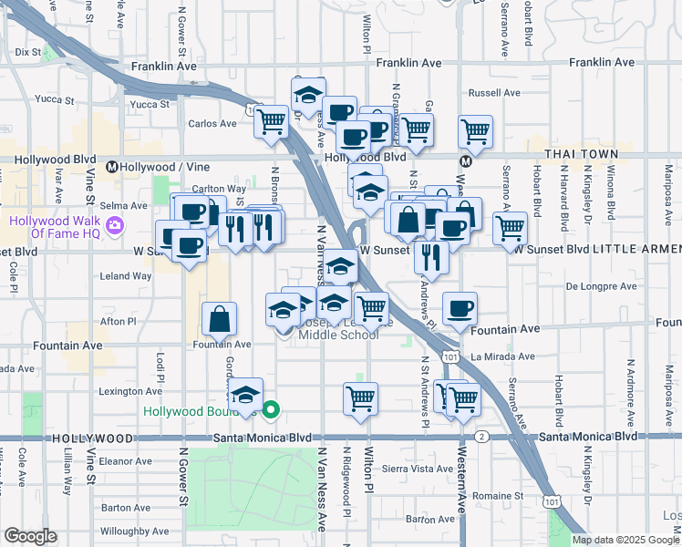 map of restaurants, bars, coffee shops, grocery stores, and more near 1436 North Van Ness Avenue in Los Angeles
