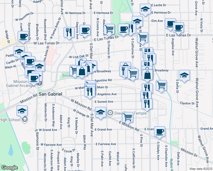 map of restaurants, bars, coffee shops, grocery stores, and more near 227 East Main Street in San Gabriel