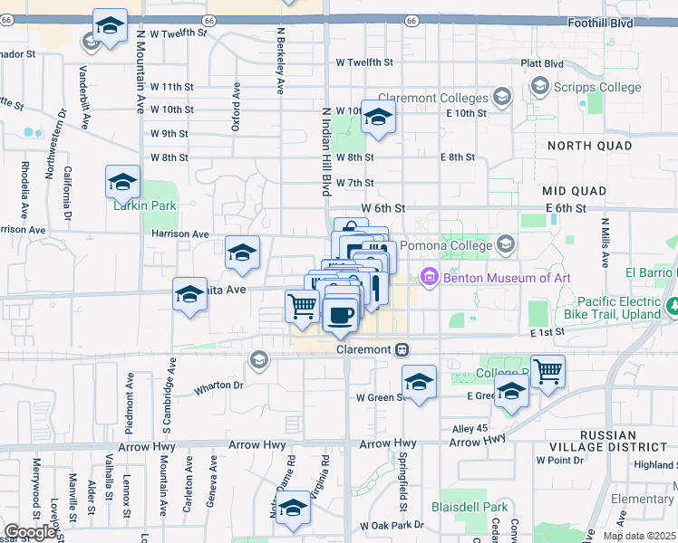 map of restaurants, bars, coffee shops, grocery stores, and more near 325 North Indian Hill Boulevard in Claremont