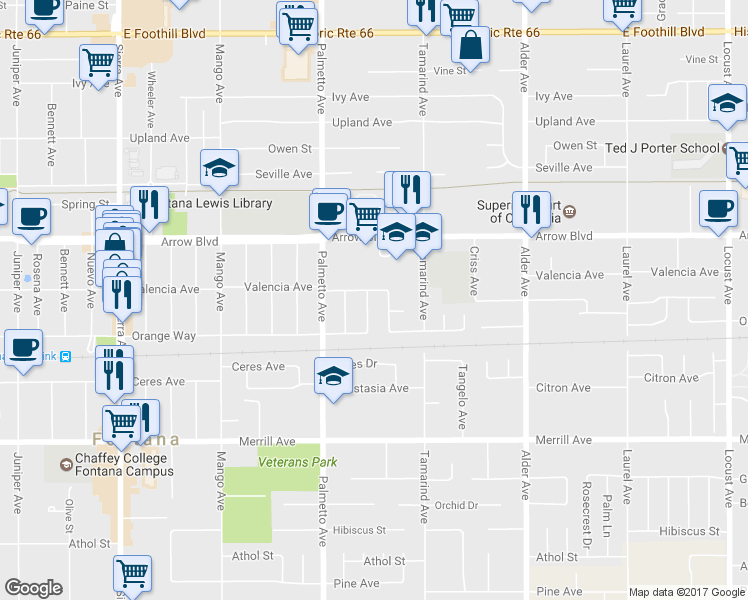 map of restaurants, bars, coffee shops, grocery stores, and more near 8623 Palo Verde Avenue in Fontana