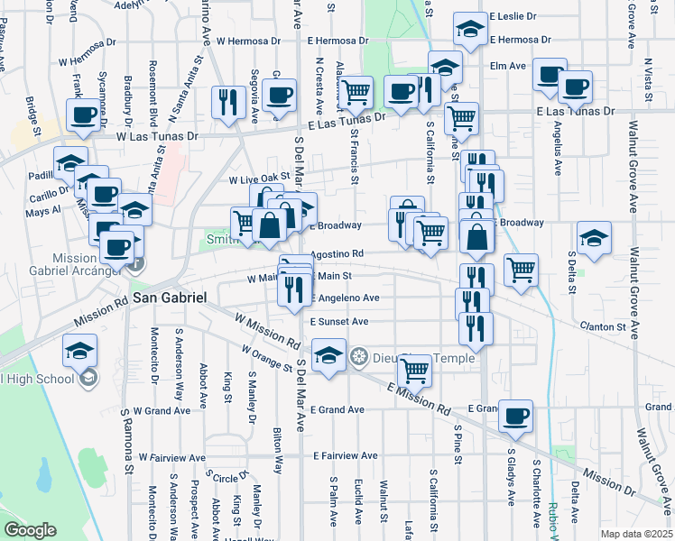 map of restaurants, bars, coffee shops, grocery stores, and more near 215 East Main Street in San Gabriel