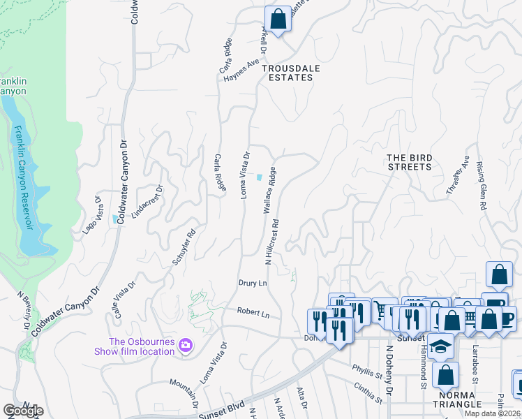 map of restaurants, bars, coffee shops, grocery stores, and more near 1029 Wallace Ridge in Beverly Hills