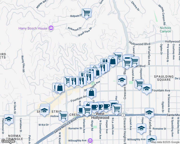 map of restaurants, bars, coffee shops, grocery stores, and more near 1/2 Sunset Boulevard in Los Angeles
