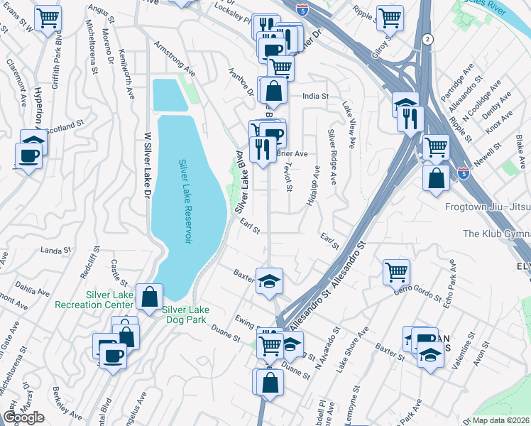 map of restaurants, bars, coffee shops, grocery stores, and more near 2419 Earl Street in Los Angeles