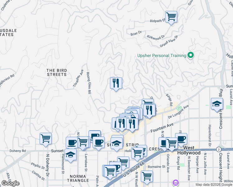 map of restaurants, bars, coffee shops, grocery stores, and more near 733 Forest Knoll Drive in West Hollywood