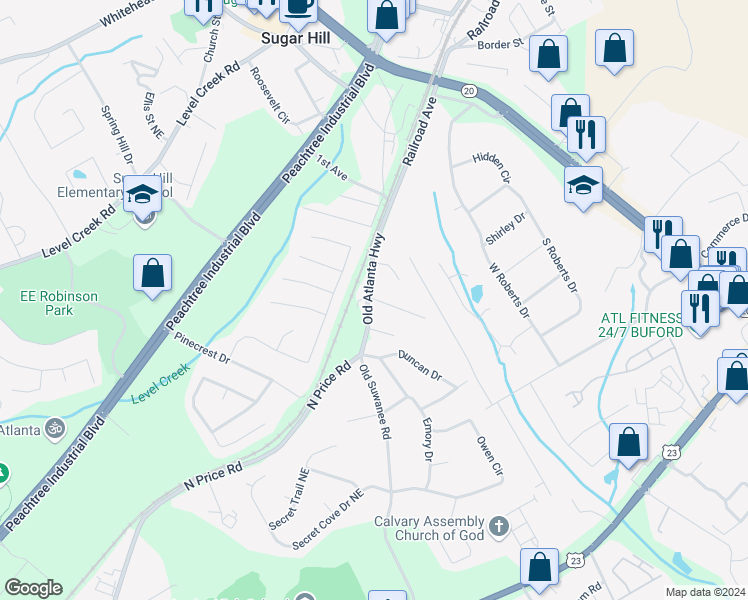 map of restaurants, bars, coffee shops, grocery stores, and more near 4708 Lois Drive in Sugar Hill