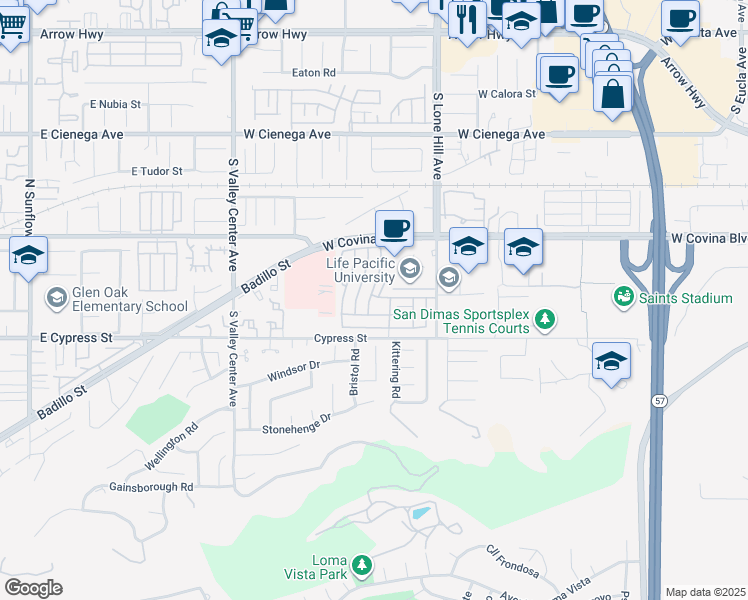 map of restaurants, bars, coffee shops, grocery stores, and more near 1205 Cypress Street in San Dimas