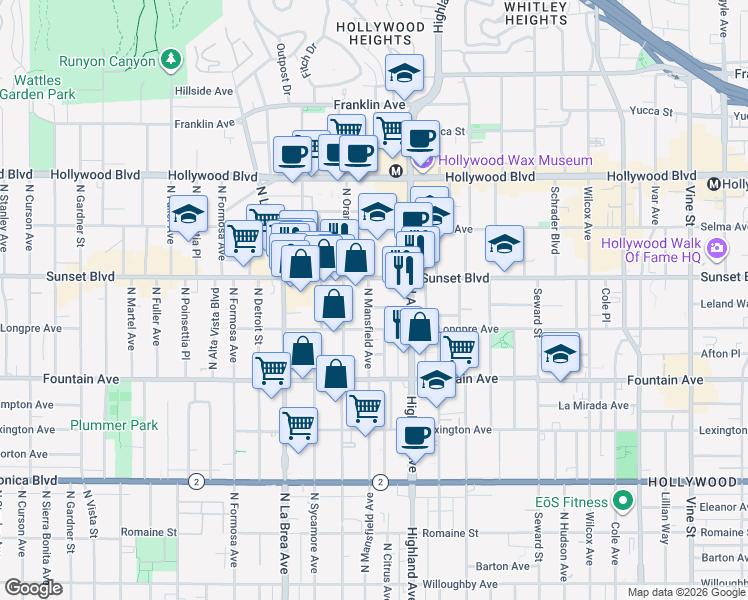 map of restaurants, bars, coffee shops, grocery stores, and more near 1411 North Mansfield Avenue in Los Angeles