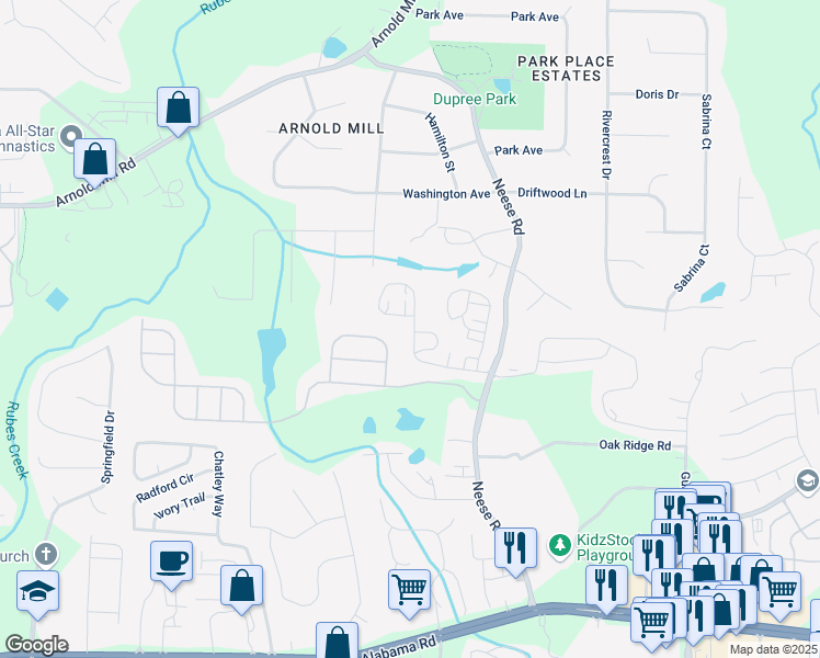 map of restaurants, bars, coffee shops, grocery stores, and more near 1749 Grand Oaks Drive in Woodstock