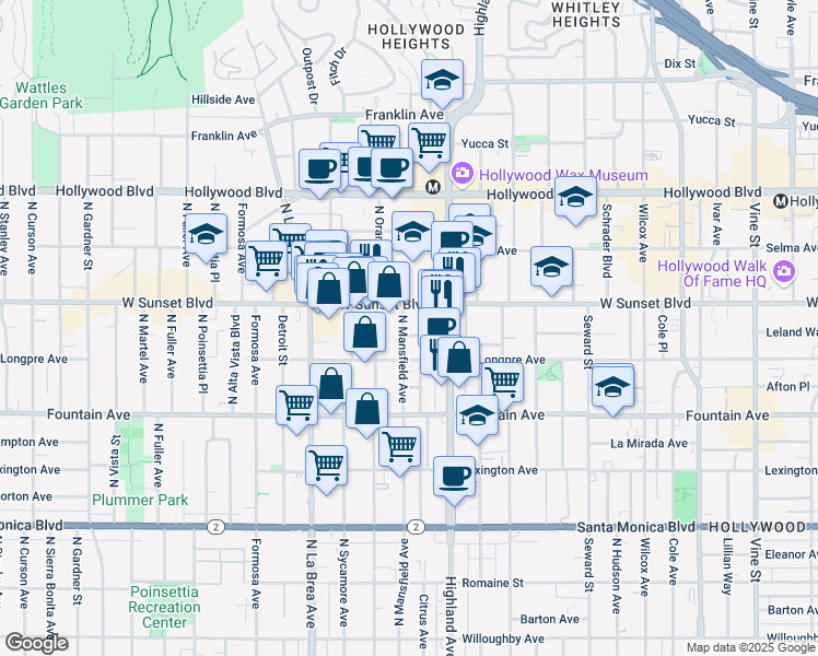 map of restaurants, bars, coffee shops, grocery stores, and more near 1460 North Mansfield Avenue in Los Angeles