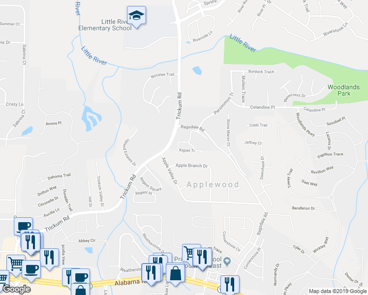 map of restaurants, bars, coffee shops, grocery stores, and more near 233 Kigian Tr in Woodstock