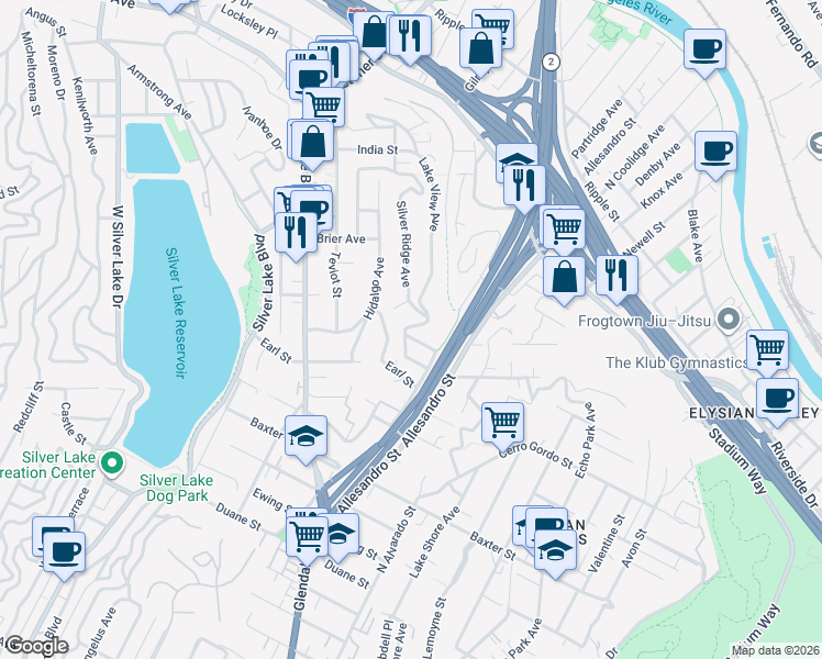 map of restaurants, bars, coffee shops, grocery stores, and more near 2256 Silver Ridge Avenue in Los Angeles