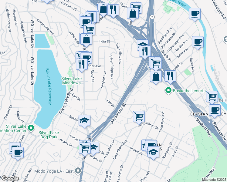 map of restaurants, bars, coffee shops, grocery stores, and more near 2256 Silver Ridge Avenue in Los Angeles