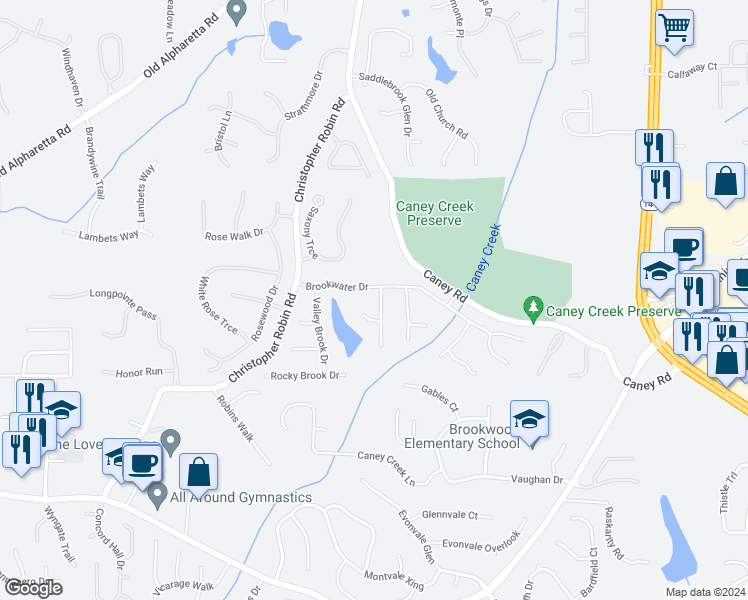 map of restaurants, bars, coffee shops, grocery stores, and more near 2015 Brook Meadow Drive in Alpharetta