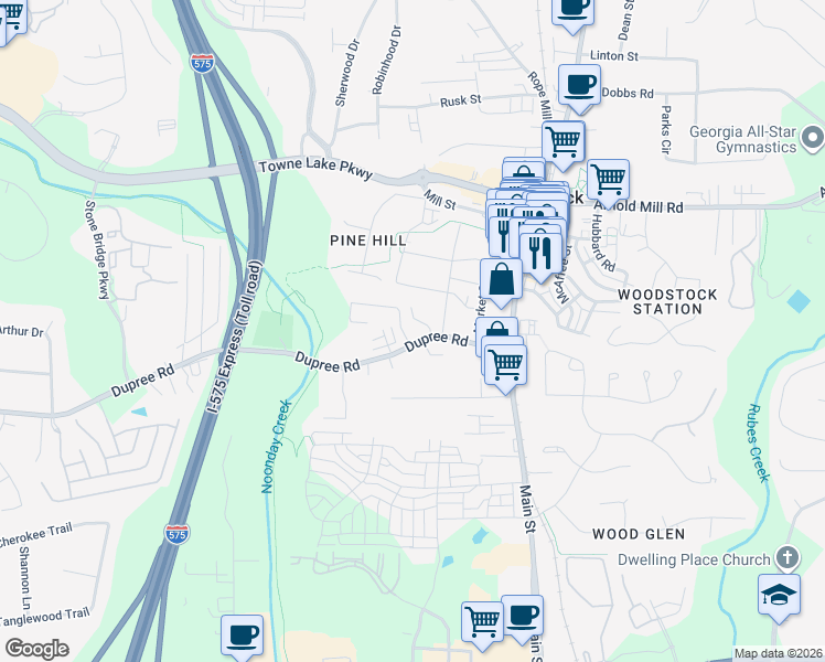 map of restaurants, bars, coffee shops, grocery stores, and more near 121 Dupree Road in Woodstock