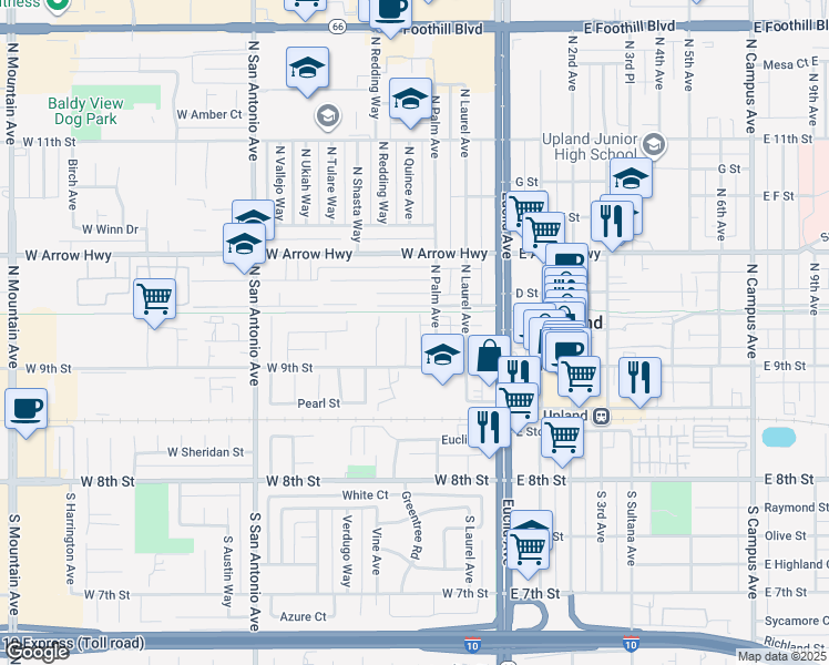 map of restaurants, bars, coffee shops, grocery stores, and more near 215 North Palm Avenue in Upland