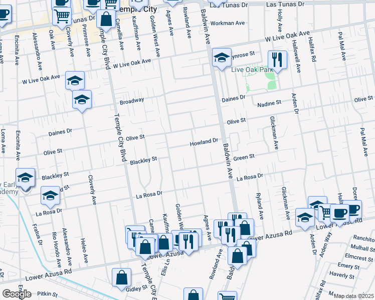 map of restaurants, bars, coffee shops, grocery stores, and more near 5219 Agnes Avenue in Temple City