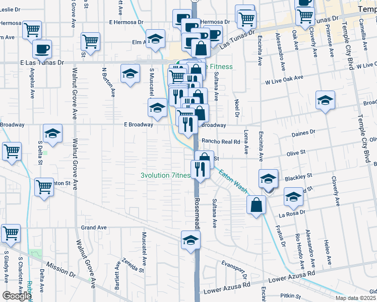 map of restaurants, bars, coffee shops, grocery stores, and more near 5339 California 19 in San Gabriel