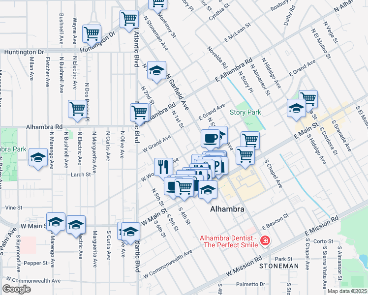 map of restaurants, bars, coffee shops, grocery stores, and more near 205 West Woodward Avenue in Alhambra