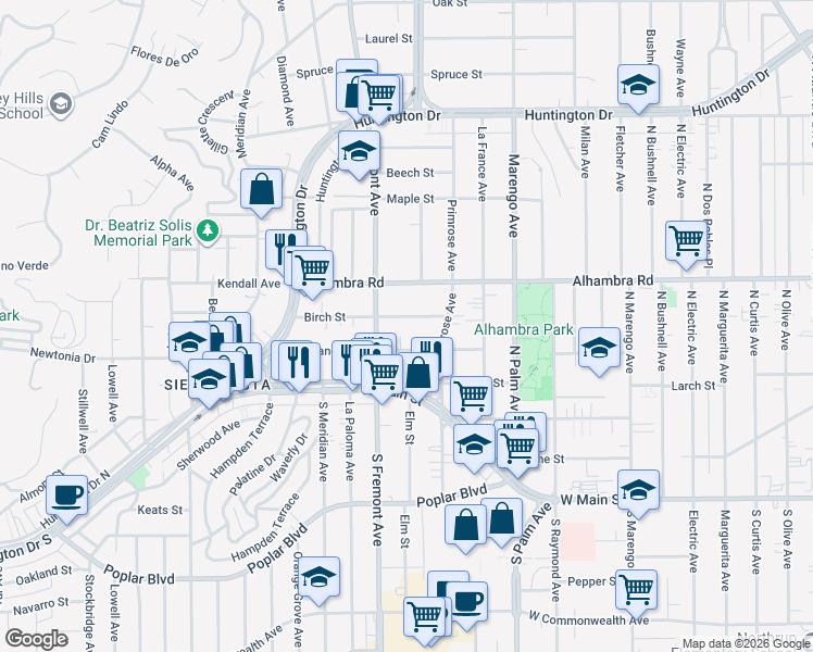 map of restaurants, bars, coffee shops, grocery stores, and more near 2419 West Grand Avenue in Alhambra