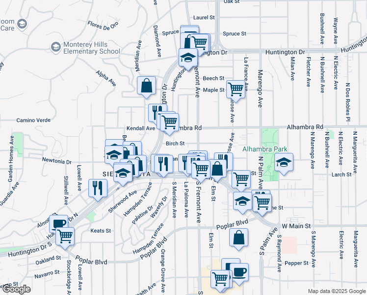 map of restaurants, bars, coffee shops, grocery stores, and more near 2703 West Grand Avenue in Alhambra