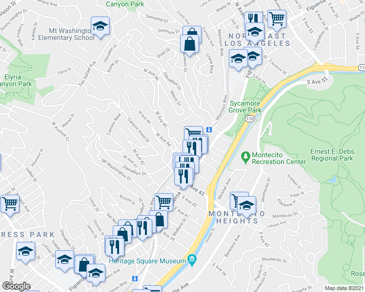 map of restaurants, bars, coffee shops, grocery stores, and more near 4329 Marmion Way in Los Angeles