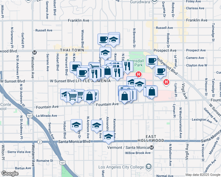 map of restaurants, bars, coffee shops, grocery stores, and more near 1337 North Kenmore Avenue in Los Angeles