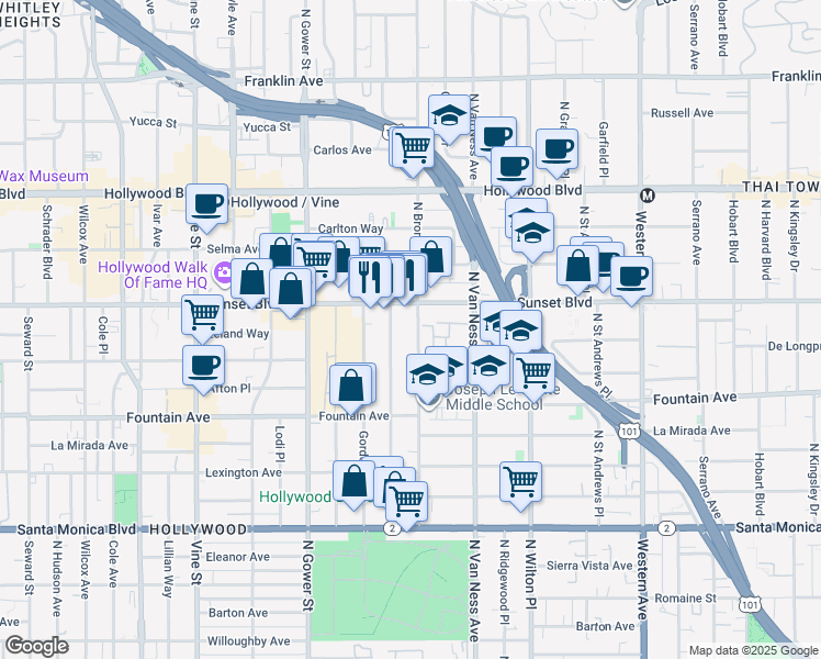 map of restaurants, bars, coffee shops, grocery stores, and more near 1421 North Bronson Avenue in Los Angeles