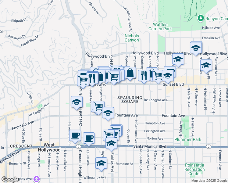 map of restaurants, bars, coffee shops, grocery stores, and more near 1407 North Orange Grove Avenue in West Hollywood