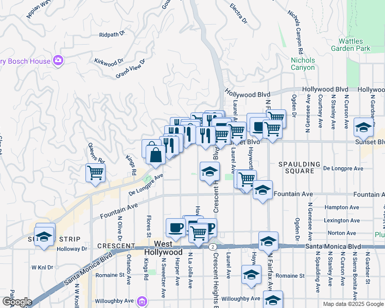 map of restaurants, bars, coffee shops, grocery stores, and more near 1415 Havenhurst Drive in Los Angeles