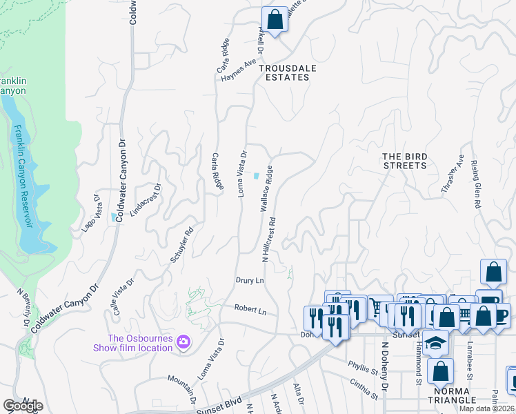 map of restaurants, bars, coffee shops, grocery stores, and more near 1029 Wallace Ridge in Beverly Hills