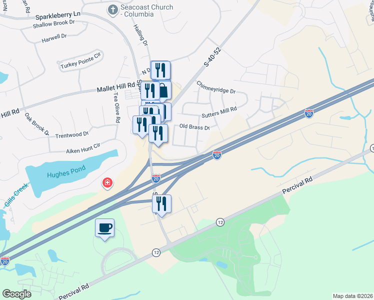 map of restaurants, bars, coffee shops, grocery stores, and more near 105 Old Brass Drive in Columbia