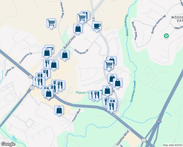 map of restaurants, bars, coffee shops, grocery stores, and more near 4227 Dejohns Way in Buford