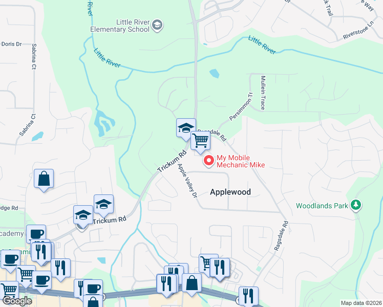 map of restaurants, bars, coffee shops, grocery stores, and more near 238 Kigian Tr in Woodstock