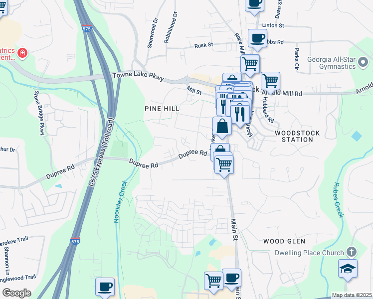 map of restaurants, bars, coffee shops, grocery stores, and more near 107 Woodberry Court in Woodstock