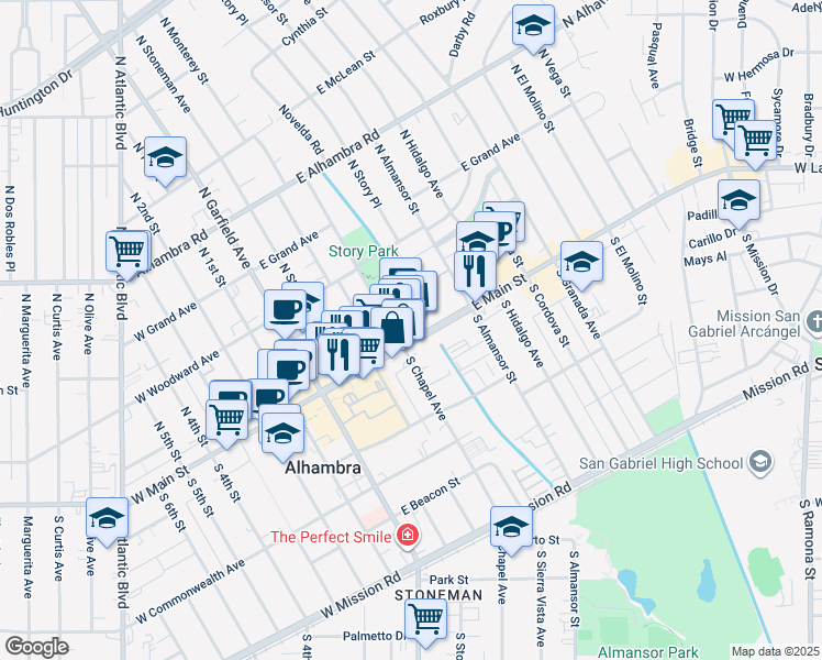 map of restaurants, bars, coffee shops, grocery stores, and more near 243 East Main Street in Alhambra