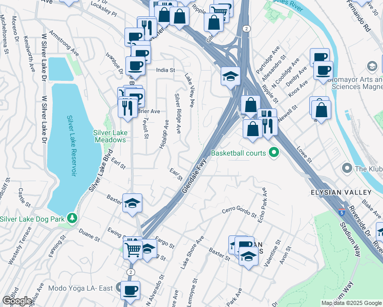 map of restaurants, bars, coffee shops, grocery stores, and more near 2286 Silver Ridge Avenue in Los Angeles