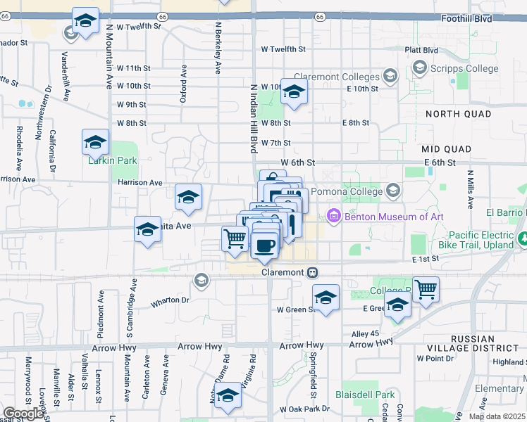 map of restaurants, bars, coffee shops, grocery stores, and more near 325 North Indian Hill Boulevard in Claremont