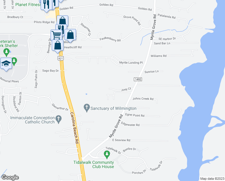 map of restaurants, bars, coffee shops, grocery stores, and more near 1212 Joey Court in Wilmington