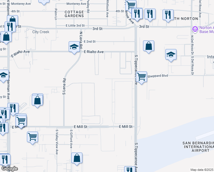 map of restaurants, bars, coffee shops, grocery stores, and more near 990 East Mill Street in San Bernardino