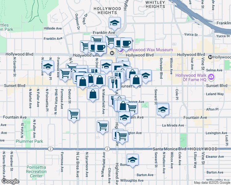 map of restaurants, bars, coffee shops, grocery stores, and more near 6823 De Longpre Avenue in Los Angeles